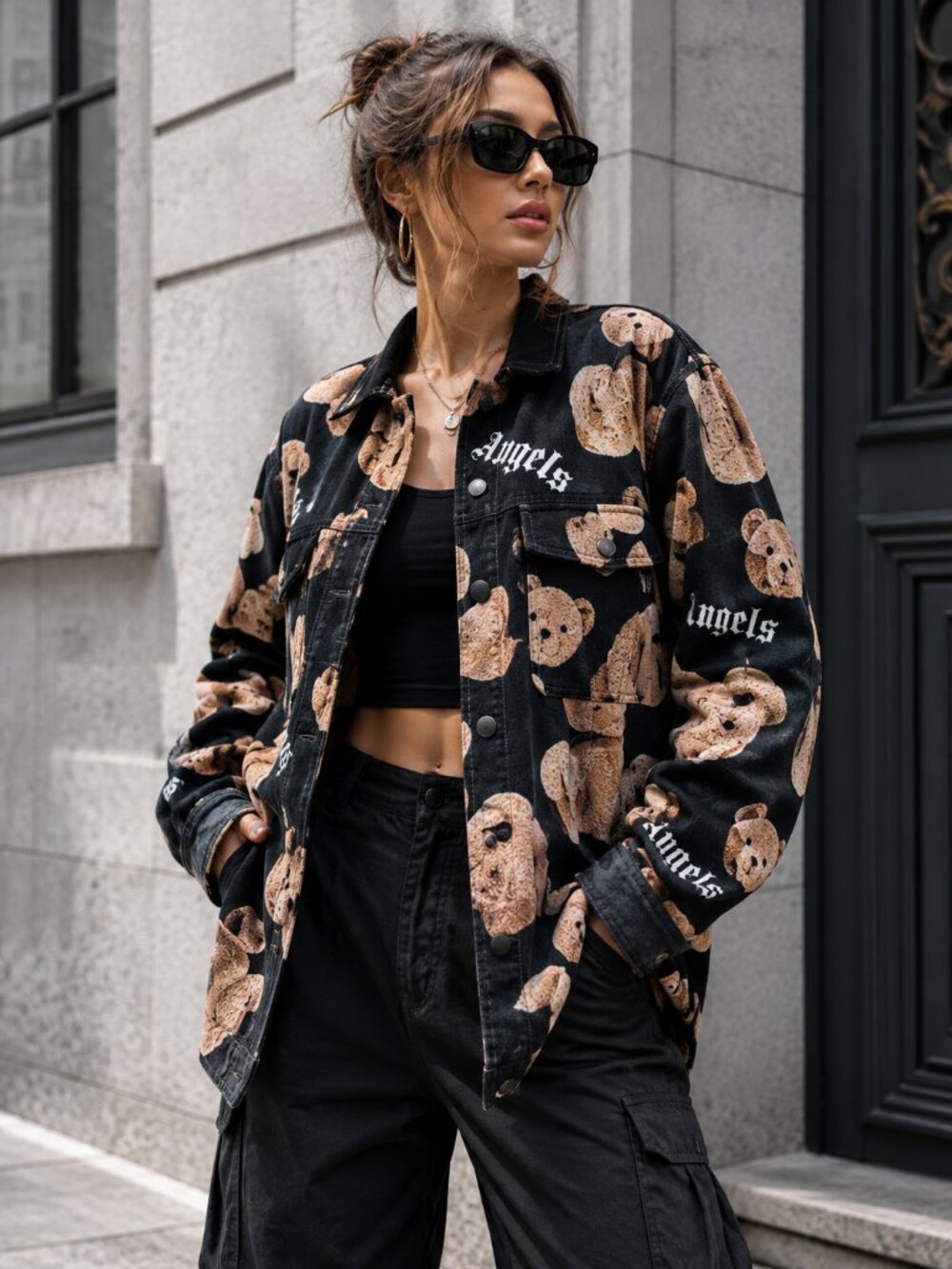 Amanda Whoo Teddy Bear Print Oversized Button-Up Shacket Streetwear Jacket
